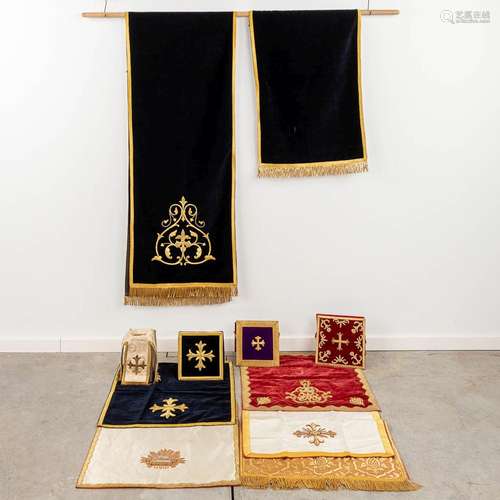 An assembled collection of liturgical fabric items, Chalice ...