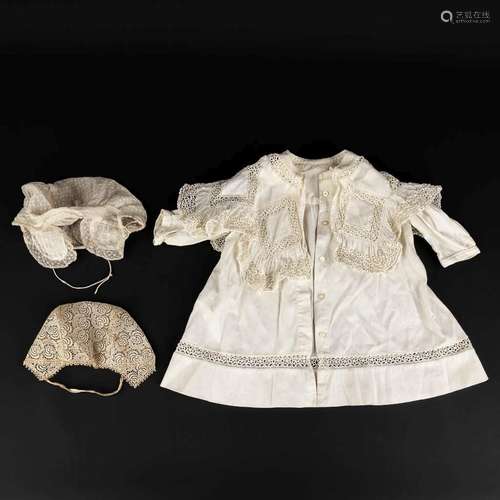 An antique baptism robe and two hats, lace, Belgium, late 19...