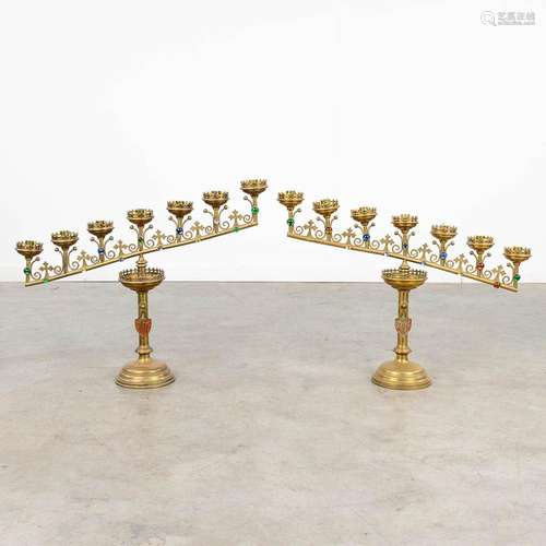 A pair of 7-armed church candlesticks, decorated with glass ...