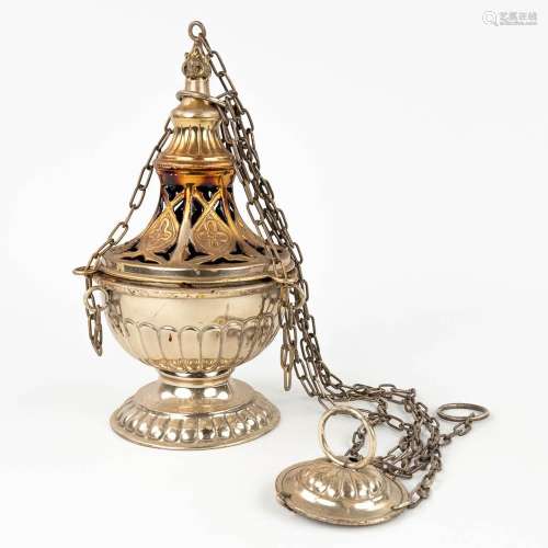 A used church insence burner, silver-plated metal. Marked H....