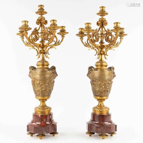 A large pair of candelabra, red marble with gilt bronze, dec...