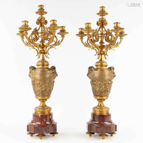 A large pair of candelabra, red marble with gilt bronze, dec...