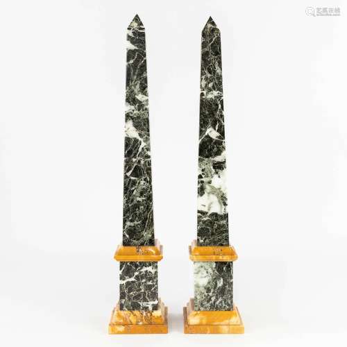 A pair of green and yellow marble obelisks. 20th century. (L...