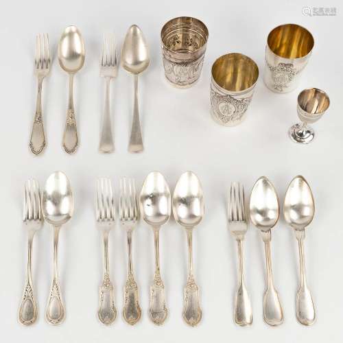 A collection of silver cutlery and goblets, Delheid, L&C...