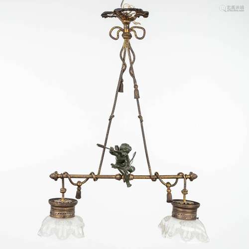 An antique hall lamp with Cupido and etched glass lampshades...