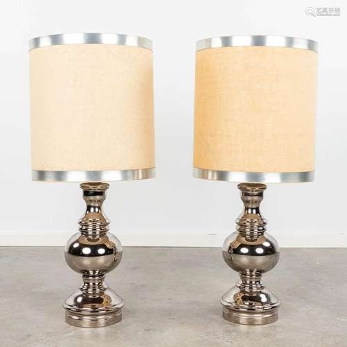 A pair of silver-plated ceramic table lamps with original la...