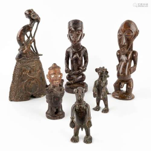 A collection of 6 African figurines made of bronze and wood....