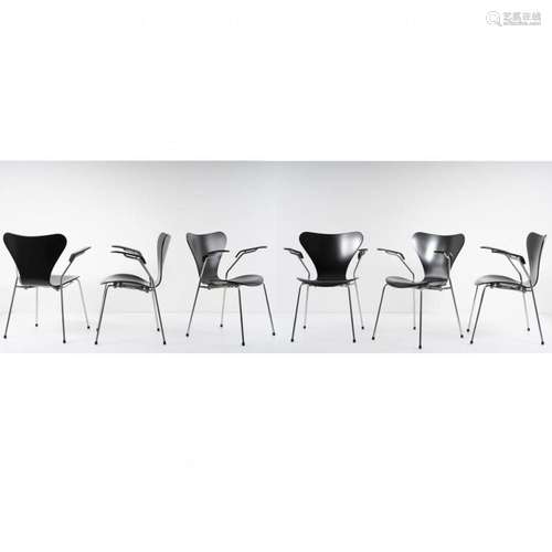 ARNE JACOBSEN, 6  3207  STACKING CHAIRS WITH ARMRESTS, 1955