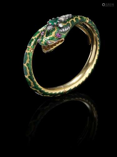 Bracelet serpent émaillé vert articulé époque Napoléon III, ...