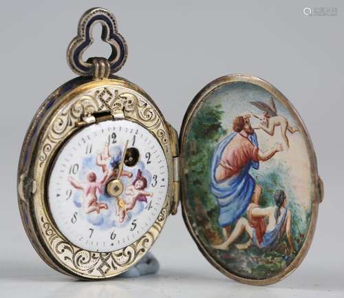 A 19th century silver and enamel cased oval pendant watch