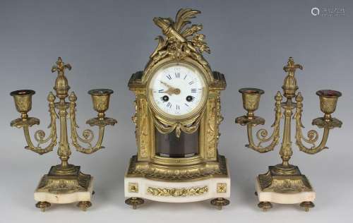 A late 19th century French brass and alabaster mantel clock ...