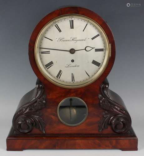 A Victorian mahogany mantel timepiece with brass single fuse...