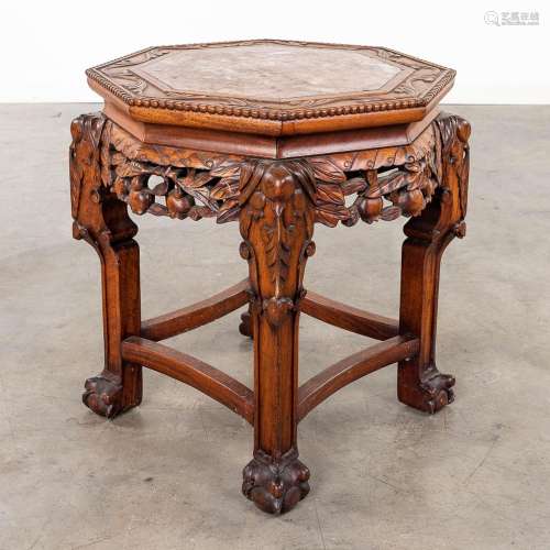 A Chinese hardwood stand with marble top. (L: 45 x W: 42 x H...