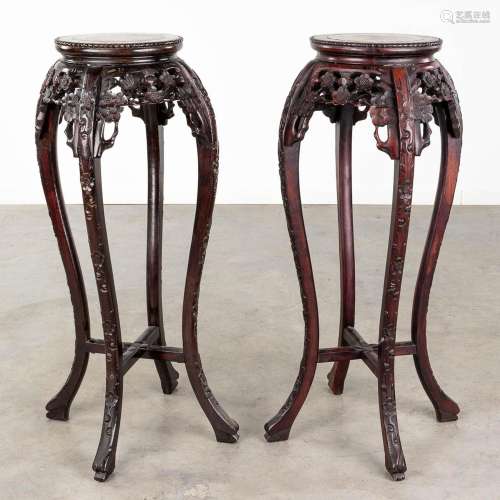 A pair of Chinese hardwood tables with a marble top. (H: 91 ...