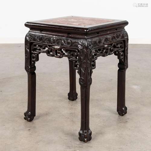 A Chinese hardwood side table with marble top. (L: 35 x W: 3...