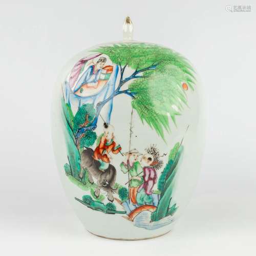 A Chinese ginger jar with lid, decorated with children and a...