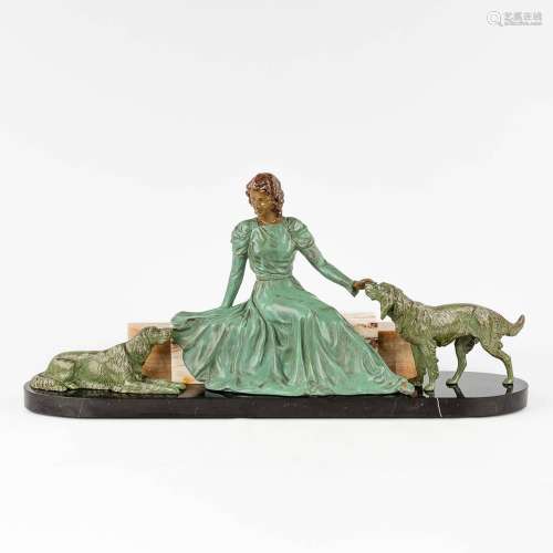 Lady with dogs, a figurative art deco statue, onyx and spelt...