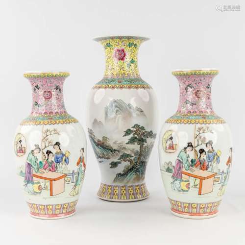 A pair and one of Chinese vases, Mountain landscapes and lad...