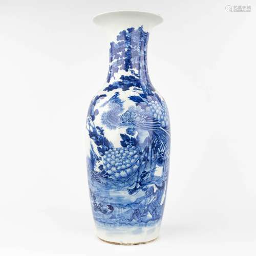 A Chinese vase with blue-white decor of a Phoenix and Cranes...