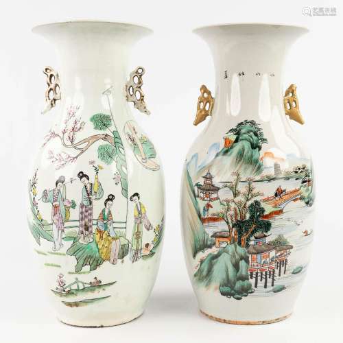 A collection of 2 Chinese vases, decorated with ladies and m...
