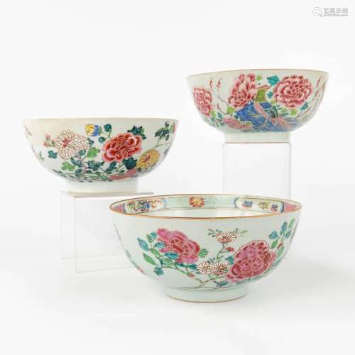A set of 3 large Chinese Famille Rose bowls, with floral dec...