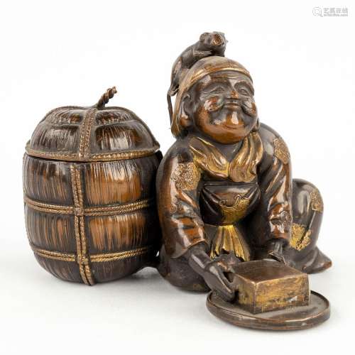 A figurative ink pot, bronze, Oriental figurine with a mouse...