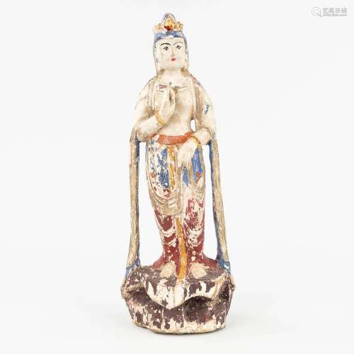 A wood sculptured figurine of a goddess. 18th century. (H: 3...