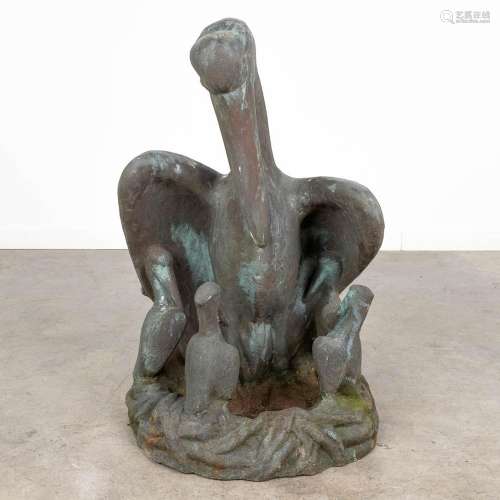 A pelican with youngsters, a statue made of patinated bronze...