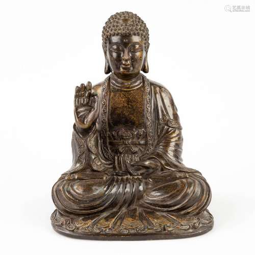 An Oriental Buddha made of bronze. 19th C. (L: 13 x W: 16 x ...