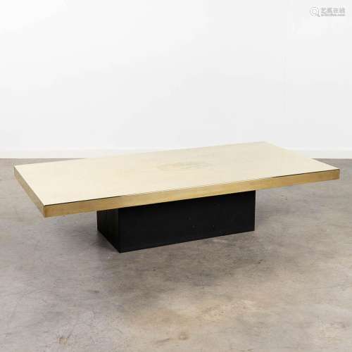 A mid-century coffee table, brass on a wood base, signed Rol...