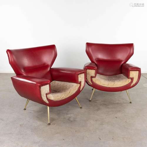 A pair of mid-century club sofa's, Skai and wool. Circa 1950...