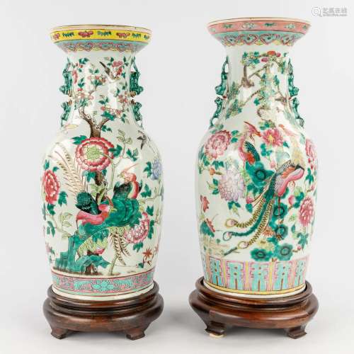 A set of 2 Chinese Famille Rose vases, decorated with phoeni...