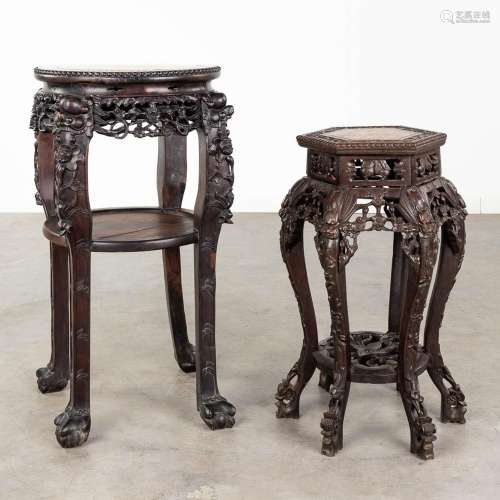 A collection of 2 Chinese hardwood tables with a marble top....
