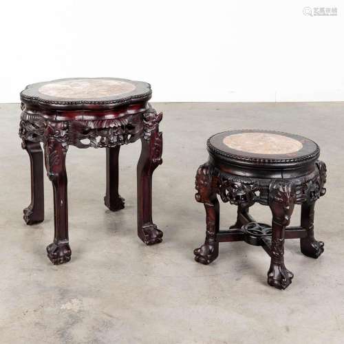 A collection of 2 Chinese hardwood tables with a marble top....