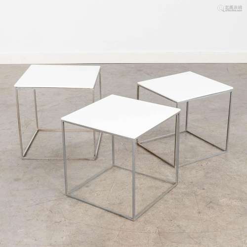 A set of 3 side tables, acrylic on a metal frame. Circa 1960...