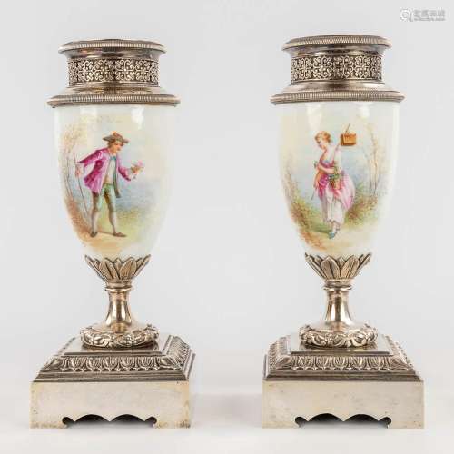 A pair of porcelain cassolettes mounted with silver-plated b...