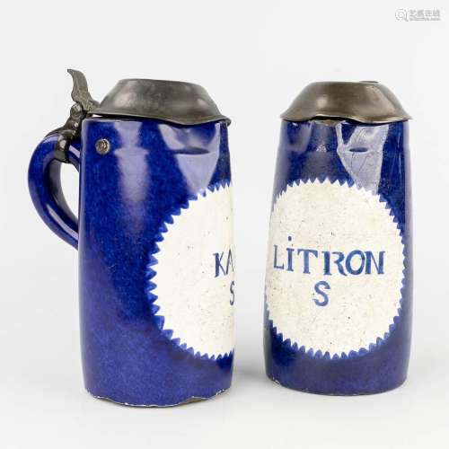 A pair of antique 1 litre pitchers with a tin lid, Brussels,...