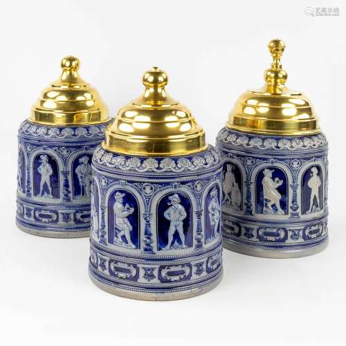 A set of 3 grès tabacco jars with brass lid, Germany, 19th C...