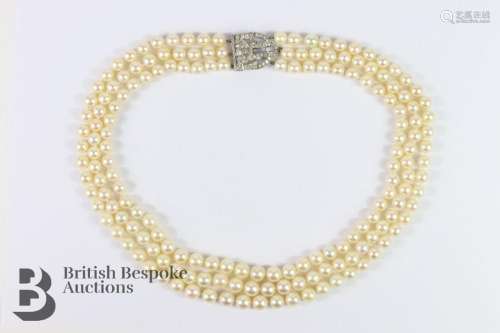 Fine three-strand cultured pearl necklace