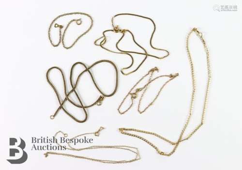 Six 9ct gold neck chains and bracelets of various sizes
