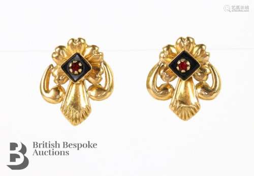 18ct gold Continental onyx and ruby earrings