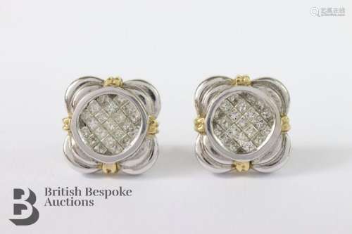 Pair of 18ct white and yellow gold diamond pave-set disc ear...