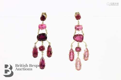 Pair of Harry Stern 18ct yellow gold ruby drop earrings. The...