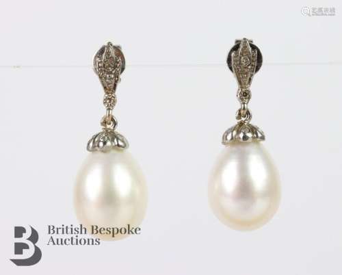 Pair of 18ct white gold lozenge pearl and diamond earrings