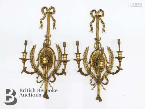 Six brass Regency style three branch wall sconce light fitti...