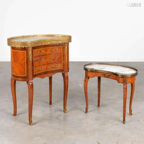A set of 2 side tables, marquetry inlay, marble and brass. C...