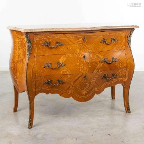 A chest of drawers with marble top and inlaid with marquetry...