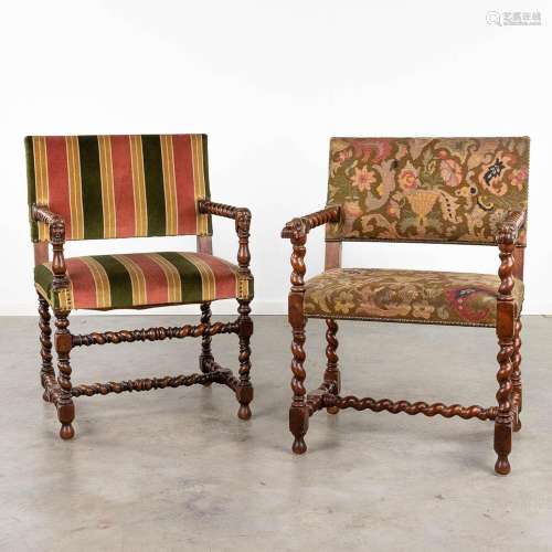 A collection of 2 sculptured armchairs, upholstered with emb...