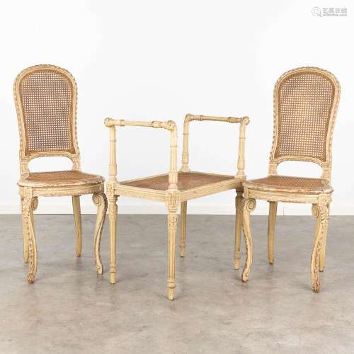 A pair of patinated chairs and a Piano stool, Louis XVI styl...