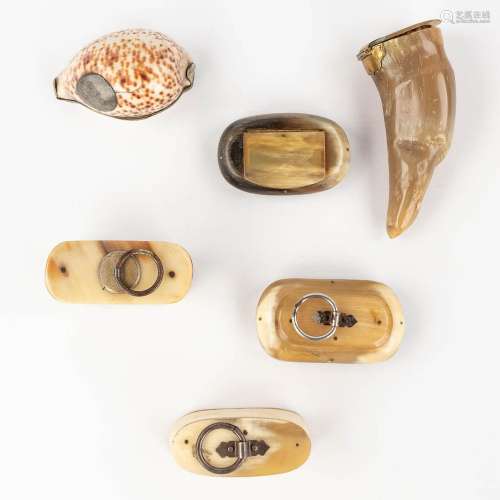 A collection of 6 snuff boxes, bone and seashell, 19th/20th ...